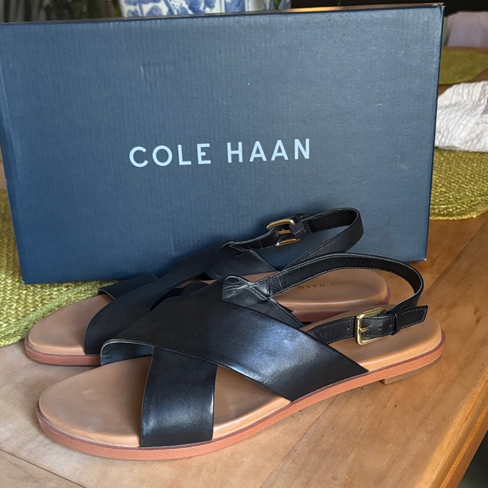 Cole Haan Black Leather Cross-Strap Sandals
